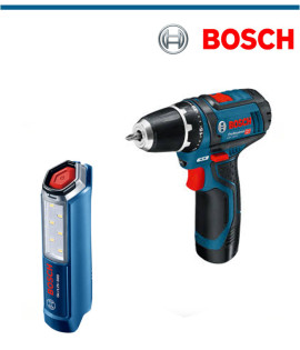 Акумулаторен винтоверт Bosch GSR 120-LI в комплект с акумулаторна лампа Bosch GLI 12V-300 и 2x 2,0 Ah батерии
